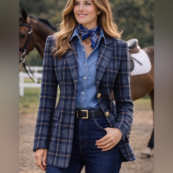 Escada Jackets & Blazers - Escada Vintage 1980’s Blue Plaid Blazer Double E Logo Buttons, Size 36